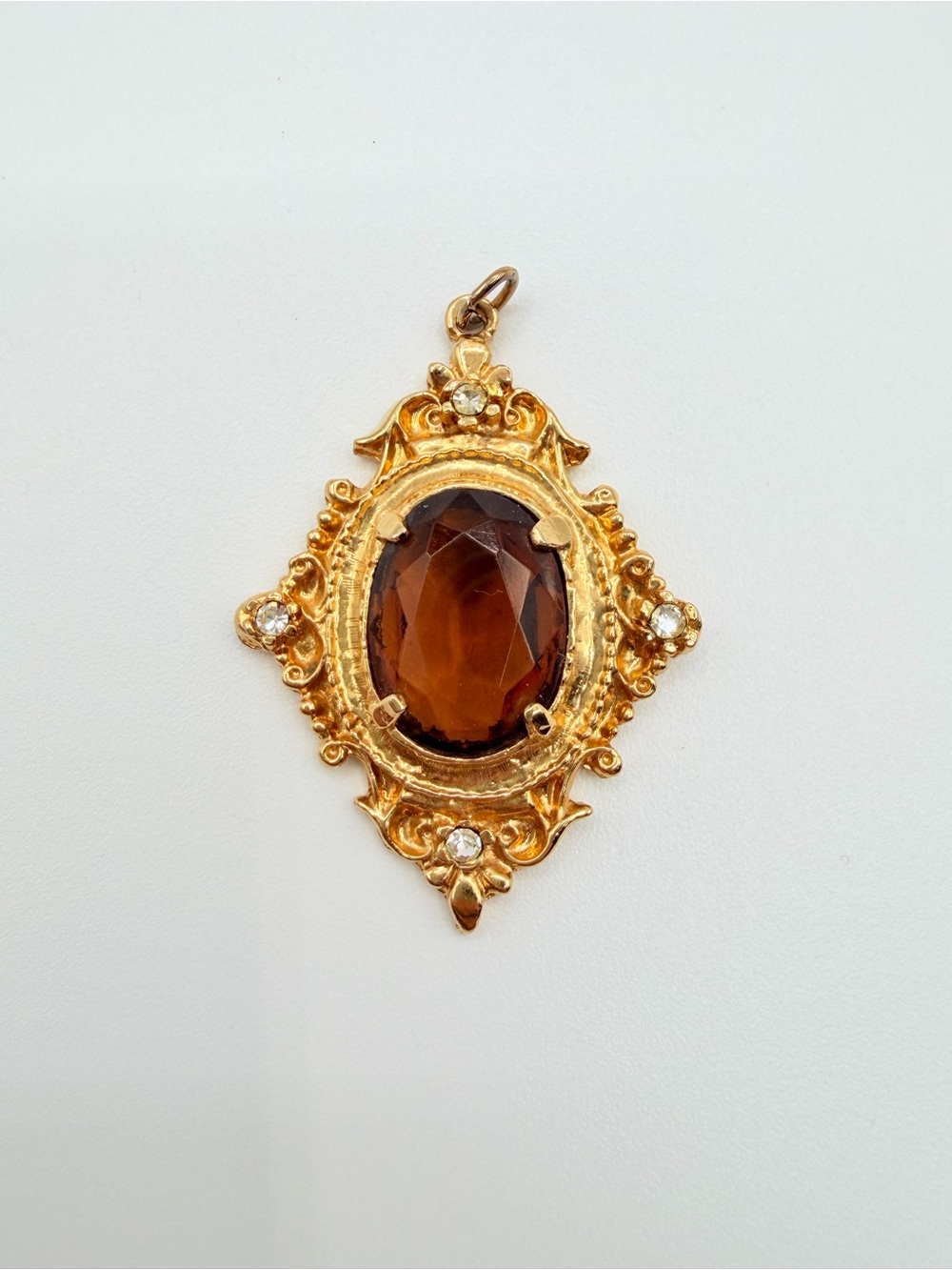 Vintage Victorian Revival Amber Glass Rhinestone Gold Tone Pendant - Picture 2 of 9